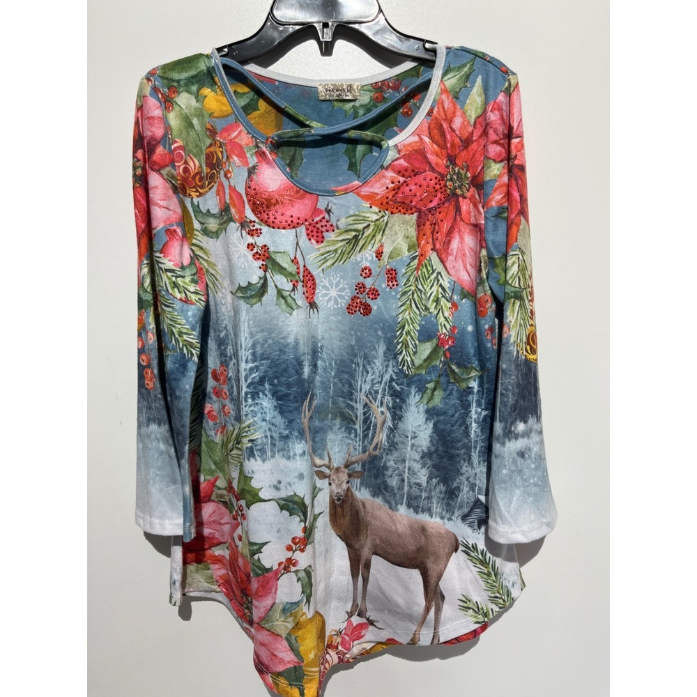 One World Womens Holiday Tunic Top Blue Red Deer Poinsettia 3/4 Sleeve Small‎